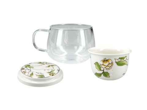 Kubek szklany z ceramicznym zaparzaczem i przykrywką. Kubek szklany z ceramicznym zaparzaczem i przykrywką.