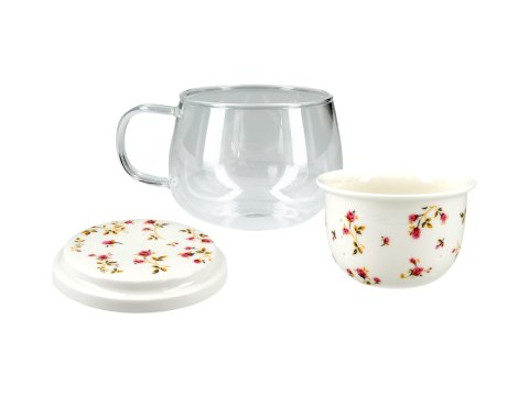 Kubek szklany z ceramicznym zaparzaczem i przykrywką. Kubek szklany z ceramicznym zaparzaczem i przykrywką.
