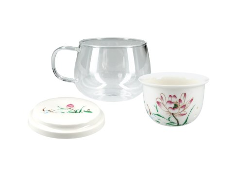 Kubek szklany z ceramicznym zaparzaczem i przykrywką. Kubek szklany z ceramicznym zaparzaczem i przykrywką.