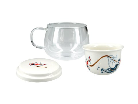 Kubek szklany z ceramicznym zaparzaczem i przykrywką. Kubek szklany z ceramicznym zaparzaczem i przykrywką.