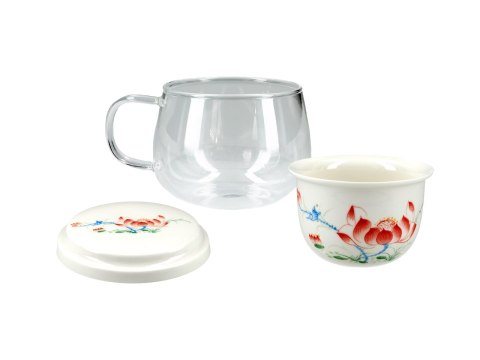 Kubek szklany z ceramicznym zaparzaczem i przykrywką. Kubek szklany z ceramicznym zaparzaczem i przykrywką.