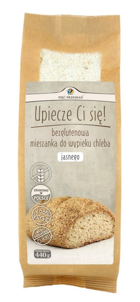 MIESZANKA DO WYPIEKU CHLEBA JASNEGO BEZ DODATKU CUKRÓW BEZGLUTENOWA 440 g - PIĘĆ PRZEMIAN MIESZANKA DO WYPIEKU CHLEBA JASNEGO BEZ DODATKU CUKRÓW BEZGLUTENOWA 440 g - PIĘĆ PRZEMIAN