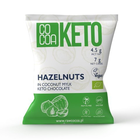 ORZECHY LASKOWE W CZEKOLADZIE KETO Z OLEJEM MCT BEZ DODATKU CUKRU BEZGLUTENOWE BIO 70 g - COCOA ORZECHY LASKOWE W CZEKOLADZIE KETO Z OLEJEM MCT BEZ DODATKU CUKRU BEZGLUTENOWE BIO 70 g - COCOA