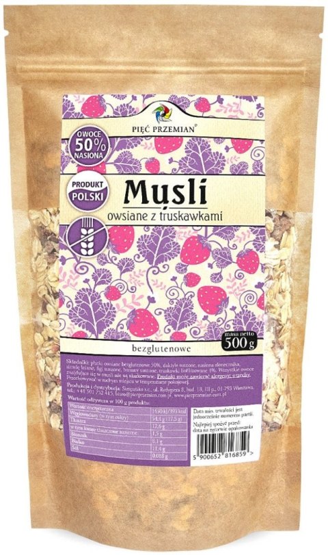 MUSLI OWSIANE TRUSKAWKOWE BEZ DODATKU CUKRÓW BEZGLUTENOWE 500 g - PIĘĆ PRZEMIAN MUSLI OWSIANE TRUSKAWKOWE BEZ DODATKU CUKRÓW BEZGLUTENOWE 500 g - PIĘĆ PRZEMIAN