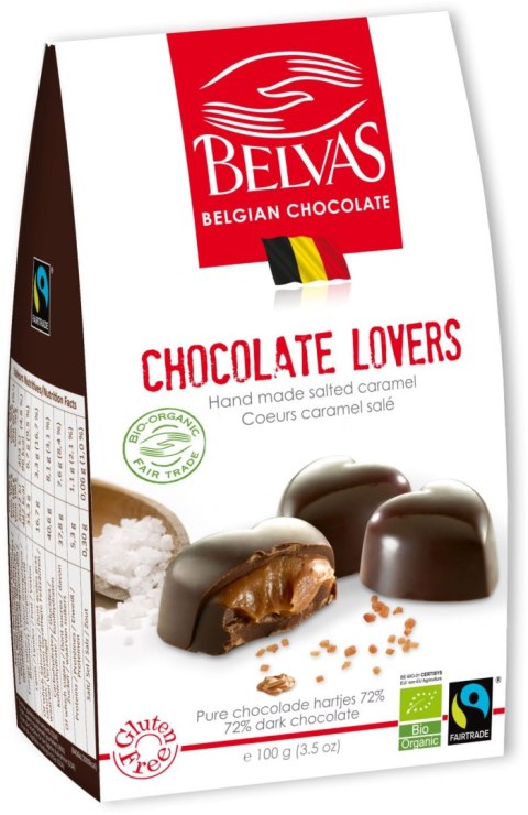 CZEKOLADKI BELGIJSKIE SERCA Z KARMELEM I SOLĄ MORSKĄ FAIR TRADE BEZGLUTENOWE BIO 100 g - BELVAS CZEKOLADKI BELGIJSKIE SERCA Z KARMELEM I SOLĄ MORSKĄ FAIR TRADE BEZGLUTENOWE BIO 100 g - BELVAS
