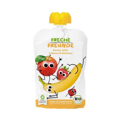 MUS BANAN - JABŁKO - TRUSKAWKA - MALINA BEZ DODATKU CUKRÓW BEZGLUTENOWY OD 6 MIESIĄCA BIO 100 g - FRECHE FREUNDE MUS BANAN - JABŁKO - TRUSKAWKA - MALINA BEZ DODATKU CUKRÓW BEZGLUTENOWY OD 6 MIESIĄCA BIO 100 g - FRECHE FREUNDE