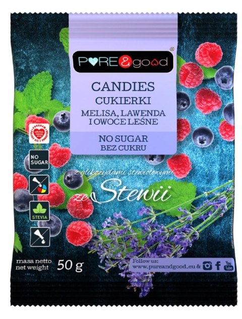 CUKIERKI Z MELISĄ, LAWENDĄ I OWOCAMI LEŚNYMI ZE STEWIĄ BEZ CUKRU 50 g - PURE&GOOD CUKIERKI Z MELISĄ, LAWENDĄ I OWOCAMI LEŚNYMI ZE STEWIĄ BEZ CUKRU 50 g - PURE&GOOD