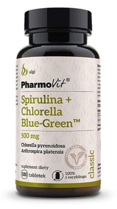 SPIRULINA + CHLORELLA BLUE-GREEN (500 mg) BEZGLUTENOWA 180 TABLETEK - PHARMOVIT (CLASSIC) SPIRULINA + CHLORELLA BLUE-GREEN (500 mg) BEZGLUTENOWA 180 TABLETEK - PHARMOVIT (CLASSIC)