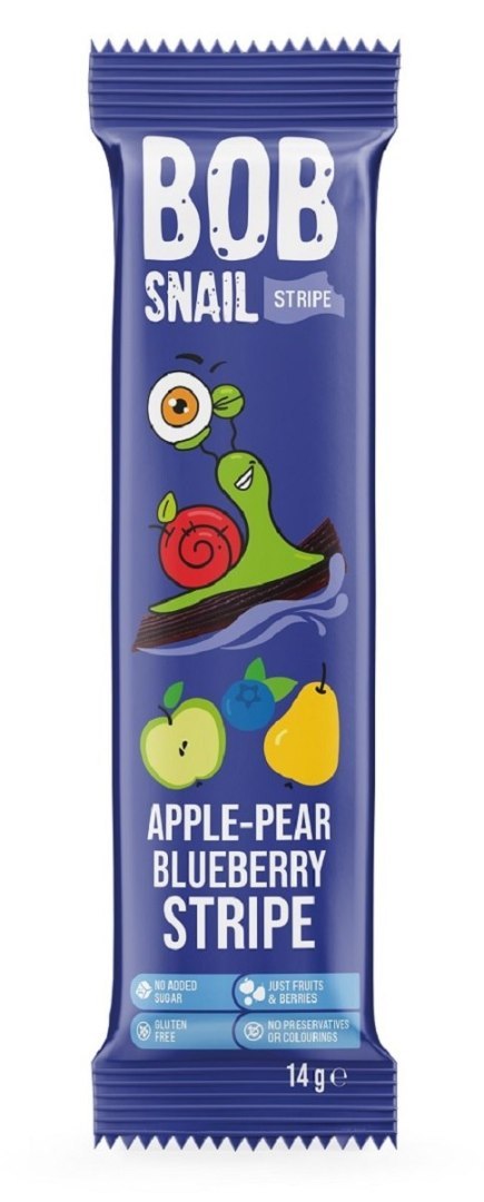 PRZEKĄSKA STRIPE JABŁKO - GRUSZKA - BORÓWKA BEZ DODATKU CUKRÓW BEZGLUTENOWA 14 g - BOB SNAIL PRZEKĄSKA STRIPE JABŁKO - GRUSZKA - BORÓWKA BEZ DODATKU CUKRÓW BEZGLUTENOWA 14 g - BOB SNAIL