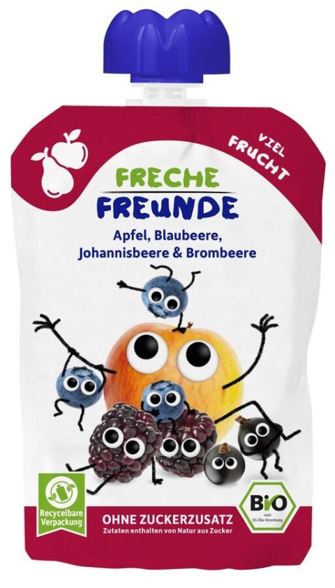 MUS JABŁKO - JAGODA - CZARNA PORZECZKA - JEŻYNA BEZ DODATKU CUKRÓW BEZGLUTENOWY OD 6 MIESIĄCA BIO 100 g - FRECHE FREUNDE MUS JABŁKO - JAGODA - CZARNA PORZECZKA - JEŻYNA BEZ DODATKU CUKRÓW BEZGLUTENOWY OD 6 MIESIĄCA BIO 100 g - FRECHE FREUNDE