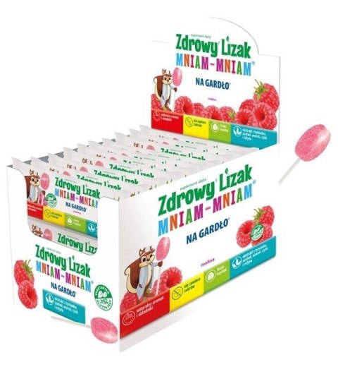 LIZAK O SMAKU MALINOWYM NA GARDŁO BEZ CUKRU BEZGLUTENOWY 6 g - MNIAM MNIAM STARPHARMA