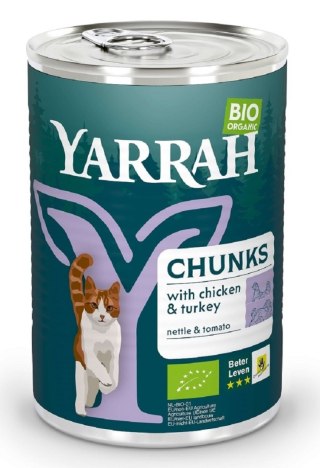 (DLA KOTA DOROSŁEGO) KAWAŁKI KURCZAKA I INDYKA Z POMIDOREM I POKRZYWĄ BIO 405 g - YARRAH