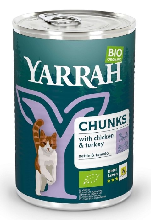 (DLA KOTA DOROSŁEGO) KAWAŁKI KURCZAKA I INDYKA Z POMIDOREM I POKRZYWĄ BIO 405 g - YARRAH