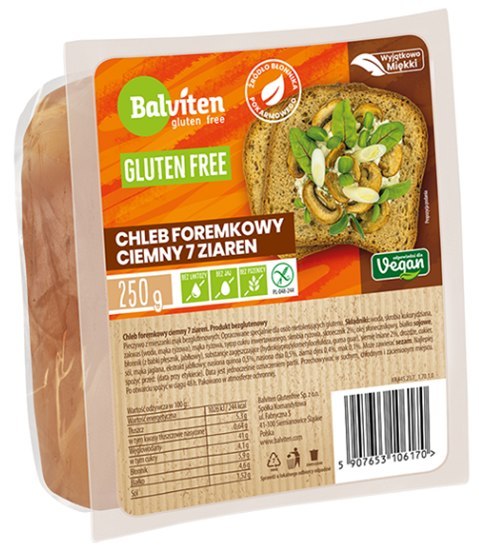 CHLEB FOREMKOWY CIEMNY 7 ZIAREN KROJONY BEZGLUTENOWY 250 g - BALVITEN