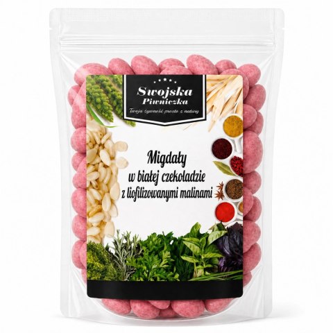 MIGDAŁY W BIAŁEJ CZEKOLADZIE Z MALINAMI 200g SWOJSKA PIWNICZKA