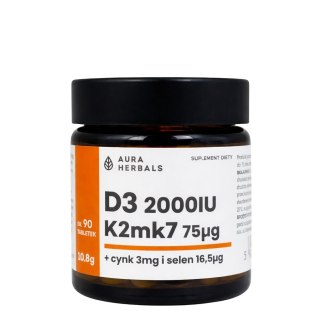 AURA HERBALS Witamina D3 (2000IU) + K2mk7 (75mcg) + Cynk + Selen - tabletki 10,8g (90 tabl.)