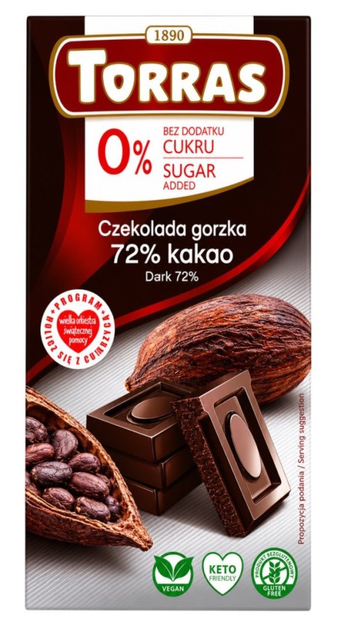 TORRAS Czekolada gorzka 72% kakao bez dodatku cukru bezglutenowa 75g