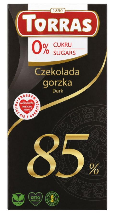 TORRAS Czekolada gorzka 85% kakao bez dodatku cukru bezglutenowa 75g