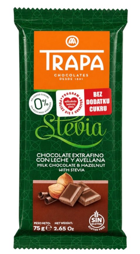 TRAPA Stevia Czekolada mleczna z orzechami laskowymi bez dodatku cukru bezglutenowa 75g